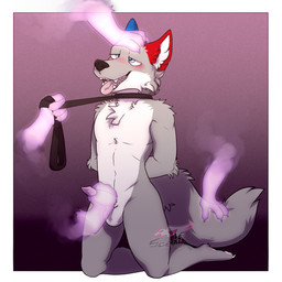 4_fingers ahegao ambiguous_gender anthro athletic athletic_anthro athletic_male balls bdsm black_nose blue_eyes blush border chest_tuft collar disembodied_hand fingers fluffy fluffy_tail front_view fur genitals ghost_hand gradient_background grey_balls grey_body grey_fur grey_tail group hand_on_penis hands_behind_back holding_leash holding_object kneeling leash leash_pull leashed_collar looking_pleasured male male/ambiguous multicolored_body multicolored_fur penis petplay pink_tongue purple_background purple_penis roleplay simple_background snout solo_focus tail tail_grab tongue tongue_out tuft two_tone_body two_tone_fur white_border wishbone_mouth sceptix canid canine canis mammal wolf 1:1 hi_res