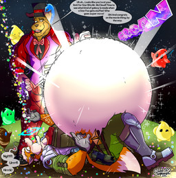 anthro belly belly_expansion belly_inflation belt big_belly black_lips bottomwear bow_tie brown_eyes bulge cheek_bulge classy clothed clothing controller dialogue duo expansion eyebrows force_feeding forced fur game_controller gentleman gloves green_bottomwear green_clothing green_pants hair hand_on_belly handwear hat headgear headwear huge_belly imminent_death imminent_explosion imminent_popping implied_popping inflation lips looking_at_another looking_down male motion_lines nintendo_controller onomatopoeia open_belt open_mouth orange_body orange_fur pants patting_belly pink_bow_tie pink_tongue raised_eyebrow red_bandana red_clothing red_suit sound_effects space speech_bubble star starbits suit text tongue top_hat weight_gain white_hair wide_eyed wii_nunchuk wii_remote jakeshepherd502 mario_bros nintendo star_fox super_mario_galaxy wii choc_chocolatier fox_mccloud canid canine chocolate_labador fox luma mammal 2026 absurd_res english_text hi_res