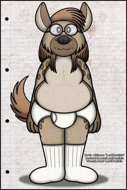 anthro black_border black_nose border briefs brown_eyes brown_hair bulge clothed clothing eyewear footwear glasses hair long_hair male overweight overweight_male pantsless socks solo text tighty_whities topless underwear website_url white_briefs white_clothing white_footwear white_socks white_underwear lorddominic hyena mammal spotted_hyena 2:3
