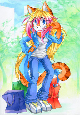 abstract_background anthro bottomwear clothing denim denim_bottomwear denim_clothing female hair highlights_(coloring) jacket jeans pants plant pose shirt shopping simple_background solo topwear tree wind chibi-nuffie felid mammal hi_res