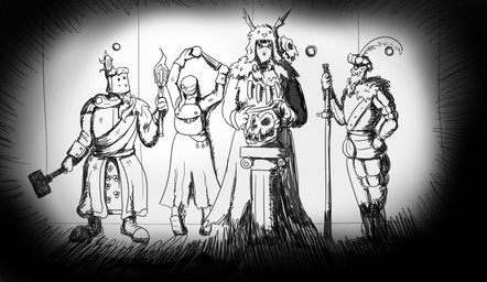 accident adventurer armor group magic_user male pre-transformation priest thief witch vwpologt warhammer_(franchise) warhammer_fantasy elf human humanoid mammal hi_res monochrome