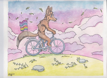 anthro bicycle bisexual_pride_colors blep blue_eyes brown_body cheek_tuft cloud cloudy_sky detailed_background dipstick_tail eyewear eyewear_on_head facial_tuft flag flag_(object) fluffy fluffy_tail goggles goggles_on_head gradient_background grass hill inner_ear_fluff leaves_blowing lgbt_pride male markings motion_lines plant pride_color_flag pride_colors rock simple_background sky solo tail tail_markings tongue tongue_out tuft vehicle wind shunnedpies lgbt_pride_month canid canine canis coyote mammal 2025 absurd_res hi_res mixed_media painting_(artwork) pen_(artwork) signature traditional_media_(artwork) watercolor_(artwork)