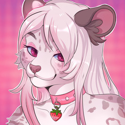 anthro collar female food fruit fur hair pink_background pink_body pink_collar pink_eyes pink_fur pink_hair plant simple_background solo strawberry panakotta felid feline leopard mammal pantherine 1:1