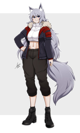 blue_eyes boots bottomwear breasts clothing crop_top eyebrows eyelashes female footwear grey_hair hair jacket long_hair midriff navel pants shirt shoes solo tail topwear airisubaka animal_humanoid canid canid_humanoid canine canine_humanoid humanoid mammal mammal_humanoid wolf_humanoid 2023 absurd_res hi_res