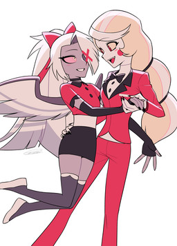 clothed clothing duo feathered_wings feathers female not_furry simple_background white_background wings enaic31 hazbin_hotel hellaverse charlie_morningstar vaggi_(hazbin_hotel) angel demon demon_humanoid fallen_angel humanoid absurd_res hi_res