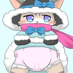 anthro blue_eyes bow_tie clean_diaper clothed clothing clothing_lift diaper dress dress_lift female fur hat headgear headwear looking_away scarf shy solo standing wearing_diaper wetness_indicator tomukemono cat_busters mafumofu_(cat_busters) domestic_cat felid feline felis mammal 1:1