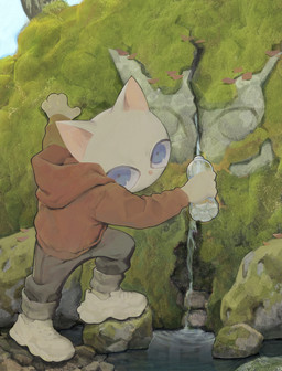 ambiguous_gender anthro biped blue_eyes bottle clothing container filling_beverage footwear holding_bottle holding_container holding_object hoodie looking_at_viewer moss plant rock shoes sneakers solo spring_(hydrology) standing topwear white_body grammwein domestic_cat felid feline felis mammal hi_res