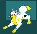 ambiguous_gender black_nose blue_body blue_fur digitigrade eyebrows feral fur head_tuft markings moon_(marking) paws pink_inner_ear play_bow_pose simple_background smile snout solo sparklefur star_(marking) tail teal_background tuft white_body white_fur yellow_body yellow_eyes yellow_fur sebdoggo canid canine canis mammal wolf 2011 aliasing digital_drawing_(artwork) digital_media_(artwork) flat_colors full-length_portrait low_res microsoft_paint_(artwork) portrait