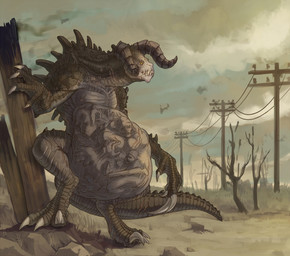 abdominal_bulge anthro belly big_belly body_outline claws fully_inside horn male mass_vore multiple_prey post-apocalyptic same_size_vore sharp_teeth teeth vore yellow_eyes sl4gg fallout microsoft deathclaw reptile scalie