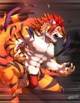 abs anthro ball_slip balls bulge burnt_clothing clothing fire fur genitals hair male muscular muscular_anthro muscular_male nipples pecs red_hair solo striped_body striped_fur stripes underwear chuurow lifewonders tokyo_afterschool_summoners nomad_(tas) felid mammal pantherine tiger absurd_res hi_res