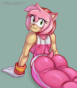 accessory anthro athletic_wear bottomwear breasts butt clothing exercise female footwear gloves green_eyes hair_accessory hairband handwear looking_at_viewer looking_back looking_back_at_viewer pants shirt shoes simple_background smile sneakers solo tank_top topwear workout workout_clothing yoga_pants triggerpigart sega sonic_the_hedgehog_(series) amy_rose eulipotyphlan hedgehog mammal hi_res signature