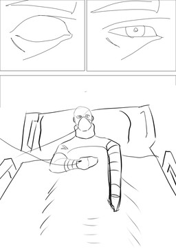 bald bed broken_bone cast clothed clothing fingers furniture hospital_bed hospital_room intravenous intravenous_drip looking_at_viewer male mask medical_instrument not_furry on_bed oxygen_mask pillow scientific_instrument simple_background solo waking_up white_background wounded starfish_nebula human mammal absurd_res digital_drawing_(artwork) digital_media_(artwork) hi_res monochrome