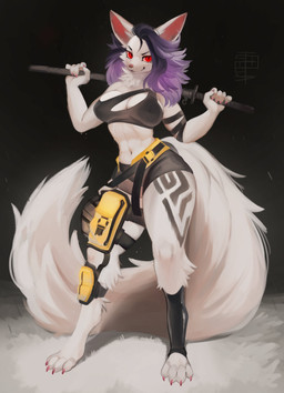 4_toes 5_fingers abs anthro barefoot big_breasts biped breasts cheek_tuft claws clothed clothed_anthro clothed_female clothing facial_tuft feet female fingers fluffy fluffy_tail fully_clothed fully_clothed_anthro fully_clothed_female grin hair hindpaw holding_katana holding_melee_weapon holding_object holding_sword holding_weapon katana looking_at_viewer melee_weapon midriff navel neck_tuft nipple_outline paws purple_hair red_eyes smile solo standing sword tail thick_thighs toe_claws toes tuft weapon white_ears white_tail swiwwel canid canine mammal 2025 absurd_res digital_media_(artwork) hi_res