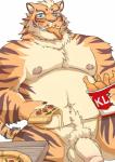 anthro balls biped blue_eyes blush chicken_meat countershading eating flaccid food foreskin fried_chicken genitals glans humanoid_genitalia humanoid_penis looking_at_viewer male meat musclegut muscular muscular_anthro muscular_male navel nipples nude overweight overweight_anthro overweight_male pecs penis pizza pubes simple_background sitting slightly_chubby smile solo teeth v2wolf nekojishi studio_klondike lin_hu felid mammal pantherine tiger hi_res