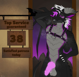 animal_genitalia anthro balls black_body black_scales bodily_fluids breath countershade_accent cum flaccid genital_fluids genitals glowing glowing_genitalia glowing_penis hair harness horn knot leaning_on_wall looking_at_viewer male musk nude penis purple_eyes purple_penis scales scoreboard service_top sheath sign solo steamy_breath sweat tail white_hair wings rentalgf european_mythology mythology syl_(synyadriel) dragon mythological_creature mythological_scalie scalie western_dragon absurd_res hi_res