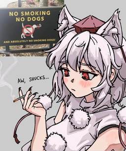 blush cigarette clothing eyebrow_through_hair eyebrows female fingernails frown grey_background hair hat headgear headwear holding_cigarette holding_object inner_ear_fluff long_fingernails nails photo_reference red_eyes shirt simple_background sleeveless_shirt smoke smoking solo text tokin_hat topwear translucent translucent_hair tuft white_clothing white_ears white_hair white_inner_ear_fluff white_shirt white_topwear stirfriedspam touhou momiji_inubashiri animal_humanoid canid canid_humanoid canine canine_humanoid humanoid mammal mammal_humanoid wolf_humanoid 5:6 english_text hi_res photography_(artwork)