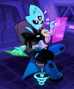 3_eyes 4_arms biped black_sclera blue_body crossed_legs drinking female green_hologram hologram holographic_screen multi_arm multi_eye multi_limb purple_hologram science_fiction sitting solo spacecraft vehicle white_eyes toxicsoul77 horizonauts xena_turana alien humanoid oui_zenni 2024 absurd_res digital_media_(artwork) hi_res