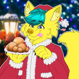 anthro christmas_clothing christmas_decorations christmas_headwear clothing food hat headgear headwear holidays male santa_hat solo tongue tongue_out naoto christmas canid canine canis domestic_cat felid feline felis mammal wolf 1:1 hi_res