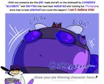 anthro belly big_belly bloated blue_berry clothing creaking hat headgear headwear huge_belly hyper hyper_belly motion_lines purple_clothing purple_hat purple_headwear spherical_inflation text yellow_mouth yellow_sclera kafrizzzle thorn-within kafreak lily_(thorn-within) arthropod domestic_cat felid feline felis fly_(animal) insect mammal 2022 collaboration english_text hi_res