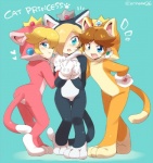 3_toes black_body black_fur blonde_hair blue_eyes blush brown_hair cat_costume cat_suit_(mario) clothing costume crown dipstick_tail feet female fur fursuit group hair hair_over_eye happy headgear heart_symbol jewelry looking_at_viewer markings multicolored_body multicolored_fur multicolored_tail not_furry_wearing_fursuit one_eye_obstructed open_mouth orange_body orange_fur paws pink_body pink_fur power-up short_hair simple_background smile surprise tail tail_markings text toes two_tone_body two_tone_fur two_tone_tail white_body white_fur eromame mario_bros nintendo super_mario_3d_world super_mario_galaxy super_mario_land cat_daisy cat_peach cat_rosalina princess_daisy princess_peach rosalina_(mario) domestic_cat felid feline felis human mammal english_text grandfathered_content signature