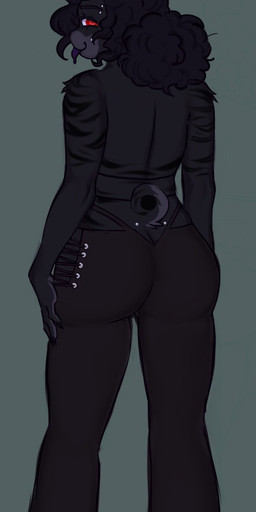 anthro bottomwear butt clothing curly_hair dog_ears eyebrow_piercing facial_piercing female fluffy fluffy_tail fur fur_markings hair hair_bun hand_on_hip looking_at_viewer looking_back markings pants piercing red_eyes solo standing striped_markings stripes tail tongue tongue_out bugzthepug mantis_(bugzthepug) animal_humanoid canid canid_humanoid canine canine_humanoid dog_humanoid humanoid mammal mammal_humanoid hi_res