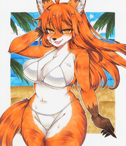 anthro beach big_breasts bikini blush bodily_fluids breasts brown_body cleavage clothed clothing cloud countershade_face countershade_torso countershading fangs female female_anthro fur gloves_(marking) hair hand_behind_head heart_symbol inner_ear_fluff kemono markings navel open_mouth open_smile orange_body orange_fur orange_hair outside sky small_waist smile solo sweat swimwear tail teeth tuft two-piece_swimsuit white_body wide_hips akebi_coffee canid canine fox mammal 2026 hi_res traditional_media_(artwork)