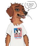 alternate_species american_flag anthro black_nose brown_body brown_fur clothing dialogue fur male open_mouth open_smile shirt simple_background smile solo speech_bubble t-shirt text text_on_clothing text_on_shirt text_on_t-shirt text_on_topwear tired_eyes tongue topwear united_states_of_america white_background samur_shalem big_dogs_(brand) bird_dog canid canine canis domestic_dog hunting_dog mammal retriever 2023 digital_media_(artwork) english_text hi_res