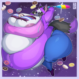 anthro areola areola_slip belly big_belly big_breasts bodypaint bottomwear breasts butt chocolate_doughnut clothed clothing denim denim_bottomwear denim_clothing dessert doughnut eating female fingers floating floating_food food fur hair highlights_(coloring) holding_object holding_pan hoodie huge_belly huge_breasts hyper jeans kitchen_utensils lgbt_pride looking_at_viewer morbidly_obese morbidly_obese_anthro morbidly_obese_female navel_outline obese obese_anthro obese_female overweight overweight_anthro overweight_female pansexual_pride_colors pants pastry pink_frosted_sprinkled_doughnut pride_color_flag pride_colors purple_eyes shirt simple_background smile sprinkles tail thick_thighs tongue tongue_out tools topwear tube_top white_hair wide_hips frozenartifice canid canine fox mammal 1:1 2025 absurd_res digital_media_(artwork) hi_res