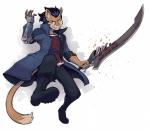 anthro black_hair boots brown_eyes clothing cosplay fire footwear fur hair jacket jewelry male melee_weapon necklace prosthetic shirt shoes simple_background smile solo sword topwear weapon white_background widemouthink capcom devil_may_cry randochris_(character) cougar felid feline mammal 2019 absurd_res hi_res