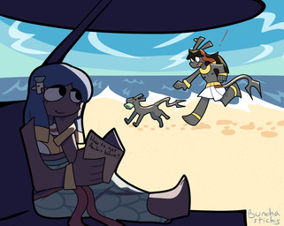 accessory angry anthro barefoot beach chair chasing clothed clothed_anthro clothed_female clothed_human clothing egyptian feet female female_human feral food forked_tail fully_clothed fully_clothed_female fully_clothed_human furniture grey_body group hair_accessory hairclip humor lettuce male male/female male_anthro married_couple nipples plant reading sand shendyt stealing summer tail text topless topless_anthro topless_male trio umbrella unusual_anatomy unusual_tail vegetable bunchasticks egyptian_mythology middle_eastern_mythology mythology nephthys set_(deity) deity human mammal set_(species) hi_res