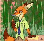 anthro arm_support badge blush carrot_pen heart_symbol male solo unclescooter disney zootopia nick_wilde canid canine fox mammal red_fox true_fox 2017