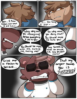 angry anthro blue_clothing blue_shirt blue_topwear brown_body brown_fur brown_hair button_(fastener) button_eyes clenched_teeth clothing dialogue duo fist fur hair long_ears male nervous orange_eyes plushie scared shirt spacesuit teeth text topwear young spicykiwi alex_(spicykiwi) bazz_(spicykiwi) animate_inanimate felid feline hybrid living_plushie mammal absurd_res comic english_text hi_res story