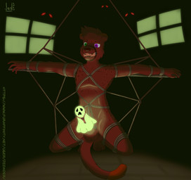 anthro ball_gag balls bdsm bondage bound erection fur gag gagged genitals holidays humiliation male nude penis restraints rope rope_bondage rope_harness simple_background solo submissive submissive_male suspension jedader halloween felid feline ghost mammal pantherine spirit hi_res