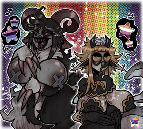 big_breasts breasts claws clown clown_core clown_nose duo female female/female horn huge_breasts lgbt_pride looking_at_viewer nipples omnisexual_pride_colors pride_color_flag pride_colors rainbow_pride_colors sharp_teeth simple_background six-stripe_rainbow_pride_colors teeth toony nestyguts lgbt_pride_month miss_shark_gorny yakan_gorny aquatic bovid caprine cetacean demon dolphin goat humanoid mammal succubus toothed_whale hi_res