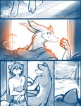2023 4_toes 5_fingers adobe_photoshop_(artwork) ambiguous_gender anthro base_three_layout blockage_(layout) blue_and_white brutus_(twokinds) canid canine canis cape clothed clothing clovis_(twokinds) comic conditional_dnp digital_media_(artwork) digitigrade dragon feet fingers five_frame_image fur hair holding_object holding_weapon horizontal_blockage horn keidran knife lying male mammal monochrome mythological_creature mythological_scalie mythology nude on_side scalie short_hair sketch three_row_layout toes tom_fischbach topless twokinds unconscious weapon wolf zen_(twokinds)