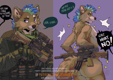 anthro barrel bulletproof carrying_another clothing gear gloves gun handwear holographic_sight load male nude ranged_weapon rifle scope solo tactical topwear vest weapon jeanwoof kuiper_(oatweasel) mammal