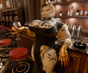 5_fingers alcohol_bottle anthro arm_tattoo ashtray beverage_bottle big_butt black_clothing black_dress black_hair blind_eye bottle bracelet breasts butt cheek_tuft chest_tattoo claws clothed clothing collar container crossdressing dress ear_piercing ear_ring eye_scar facial_scar facial_tuft fingers fur gold_(metal) gold_bracelet gold_ear_ring gold_jewelry hair half-closed_eyes holding_glass holding_object jewelry leg_tattoo male moon mouth_closed muscular muscular_anthro muscular_male narrowed_eyes neck_tattoo piercing ring_piercing scar solo standing tattoo thick_thighs thong tuft underwear white_body white_fur yellow_claws yellow_clothing yellow_thong yellow_underwear sour_guy0 camseven_(modeler) epic_games fortnite meowdas domestic_cat felid feline felis mammal 2026 3d_(artwork) digital_media_(artwork) english_description hi_res