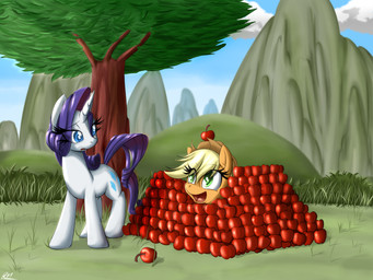 apple blonde_hair blue_eyes clothing cloud cowboy_hat cutie_mark duo female food fruit fur grass green_eyes hair hat headgear headwear horn open_mouth outside plant purple_hair sky tree white_body white_fur reikomuffin friendship_is_magic hasbro my_little_pony mythology applejack_(mlp) rarity_(mlp) earth_pony equid equine horse mammal mythological_creature mythological_equine pony unicorn 2012 4:3