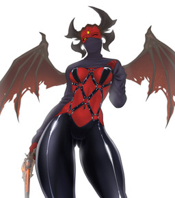 3_eyes 4_horns black_bottomwear black_clothing black_sclera bottomwear breasts butt butt_from_the_front clothed clothing cocked_hip eyelashes female front_view grey_horn gun harness holding_gun holding_object holding_ranged_weapon holding_weapon horn leather leather_harness looking_at_viewer membrane_(anatomy) membranous_wings multi_eye multi_horn navel o-ring one_eye_closed purple_clothing purple_topwear raised_clothing raised_topwear ranged_weapon red_body red_skin simple_background solo thick_thighs topwear weapon white_background wide_hips wings wink winking_at_viewer yellow_eyes spacemaxmarine metal:_hellsinger unknown_(metal:_hellsinger) demon demon_humanoid horned_humanoid humanoid winged_humanoid hi_res