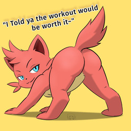 :3 all_fours anthro black_nose blue_eyes breasts butt cheek_tuft dialogue facial_tuft fangs female looking_at_viewer looking_back looking_back_at_viewer pink_body presenting presenting_hindquarters rear_view simple_background small_breasts solo stretching tail teeth text tuft yellow_background dedazzdizzy palworld pocketpair cattiva pal_(species) 1:1 english_text hi_res