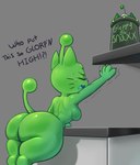 anthro big_butt biped bodily_fluids breasts butt claws eyelashes eyes_closed female finger_claws green_body grey_background huge_butt huge_hips medium_breasts nude raised_tail shadow simple_background solo sweat tail thick_thighs wide_hips nebssik felid feline mammal hi_res