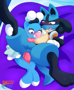 3_fingers 3_toes anal anal_penetration animal_genitalia anthro anus arm_markings balls bed_covers bed_sheet bedding belly_tuft black_body black_fur black_hair black_legs black_markings blue_body blue_fur blush bodily_fluids bottomless breath butt chest_spike chest_tuft clothed clothing duo erection eyelashes facial_markings fangs feet fellatio feral fingers floor fur fur_markings genital_fluids genital_slit genitals hair hand_on_hand hand_on_head hand_on_leg hand_on_thigh hand_spike hand_under_leg head_markings holding_partner holowear_(pokemon) jacket jacket_only looking_at_another looking_at_genitalia looking_at_partner looking_down looking_pleasured male male/male male_penetrated male_penetrating male_penetrating_male markings nude open_mouth oral oral_while_penetrating penetration penile penis pink_nose pink_pupils pupils red_eyes sex simple_background smile spikes spikes_(anatomy) tail tail_markings tan_body tan_fur teeth tile tile_floor toes tongue tongue_out topwear topwear_only tuft white_markings makoto177 nintendo pokemon pokemon_unite space_style_lucario aquatic brionne canid canine generation_4_pokemon generation_7_pokemon humanoid lucario mammal pokemon_(species) absurd_res digital_media_(artwork) hi_res