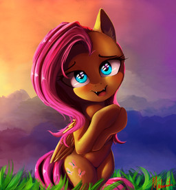 detailed_background fangs feathered_wings feathers female feral fur hair inner_ear_fluff long_hair looking_at_viewer open_mouth outside pink_hair sky solo standing sunset teeth tuft wings miokomata friendship_is_magic hasbro my_little_pony mythology fluttershy_(mlp) equid equine mammal mythological_creature mythological_equine pegasus 2017
