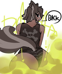 big_butt black_body black_fur black_hair brown_body brown_skin butt clothed clothed_female clothed_humanoid clothing fart fart_cloud fart_fetish female fur green_fart_cloud hair looking_at_viewer onomatopoeia panties rear_view shirt simple_background solo sound_effects speech_bubble tail talking_to_viewer tank_top text topwear underwear white_background white_body white_fur white_hair taintedcan animal_humanoid humanoid mammal mammal_humanoid mephitid mephitid_humanoid skunk_humanoid 2026 absurd_res digital_drawing_(artwork) digital_media_(artwork) hi_res