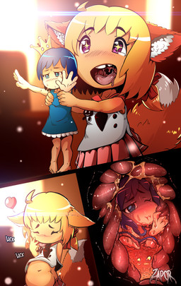 abdominal_bulge belly blonde_hair chibi duo epiglottis female female/female female_pred female_prey fluffy fluffy_ears fluffy_tail fur hair happy loli macro monster_girl_(genre) navel oral_vore size_difference smile soft_vore tail text uvula vore yellow_body yellow_fur young young_pred young_prey zapor666 konko animal_humanoid canid canid_humanoid canine canine_humanoid fox_humanoid human humanoid mammal mammal_humanoid english_text hi_res