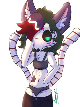 2_tails adolescent anthro blue_bottomwear blue_clothing blue_pants bottomwear bra choker clothing featureless_hands female female_anthro fur green_eyes green_hair grey_clothing grey_underwear hair inner_ear_fluff jewelry looking_at_viewer markings mask multi_tail multicolored_hair navel necklace panties pants pink_inner_ear purple_ears purple_hair purple_markings red_hair shirtless shirtless_anthro shirtless_female short_hair simple_background solo sports_bra standing striped_markings striped_tail stripes tail tail_markings tuft underwear wearing_mask white_background white_body white_fur white_inner_ear_fluff white_tail young young_anthro young_female conditional_dnp xammyxx demi_(xammyxx) domestic_cat felid feline felis mammal 2025 3:4 absurd_res digital_media_(artwork) hi_res ibispaint_(artwork) shaded signature watermark
