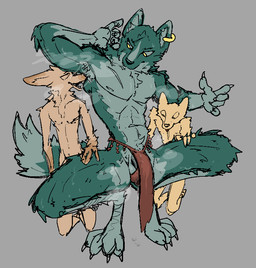 abs anthro armpit_sniffing armpit_tuft balls big_feet bodily_fluids body_worship bottomwear bulge chest_tuft claws clothed clothing countershading drooling ear_piercing ear_ring feet fur furrowed_eyebrows genitals green_body green_fur group kneeling larger_male loincloth loincloth_only looking_at_another looking_at_genitalia looking_at_penis male male/male muscular muscular_anthro neck_tuft nipples pecs penis piercing pubes raised_arms ring_piercing saliva saliva_string scar size_difference smaller_male sniffing sweat tail topless trio tuft underwear wet wet_clothing wet_underwear yellow_eyes hieronymusjohnson canid canine canis mammal wolf