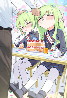 beverage birthday birthday_cake blue_bottomwear blue_clothing blue_footwear blue_shirt blue_shoes blue_skirt blue_topwear blush bottomwear cake chair clothing cute_fangs dessert embarrassed eyes_closed fangs female flat_chested food food_on_face footwear furniture gloves green_hair hair hair_between_eyes halo hand_on_another's_head handwear happy_birthday heart_symbol heart_tail juice_(beverage) legwear long_hair narrowed_eyes on_chair pantyhose pointy_ears prick_ears shirt shoes sitting sitting_on_chair skirt tail teeth topwear white_clothing white_gloves white_handwear white_legwear white_pantyhose young young_female young_humanoid pita_goral blue_archive nexon hikari_(blue_archive) nozomi_(blue_archive) sensei_(blue_archive) demon demon_humanoid humanoid tailed_humanoid absurd_res hi_res