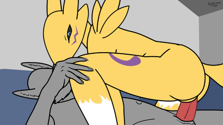 5_fingers anal anthro anus balls bed bedroom black_sclera blue_eyes duo erection facial_markings female female_penetrated fingers fur furniture genitals grey_body grey_fur head_markings inside looking_back lying male male/female male_penetrating male_penetrating_female markings on_back penetration penis sex vulva yellow_body yellow_fur schwoo bandai_namco digimon canid canine digimon_(species) mammal renamon 16:9 2014 animated animated_webp hi_res loop widescreen