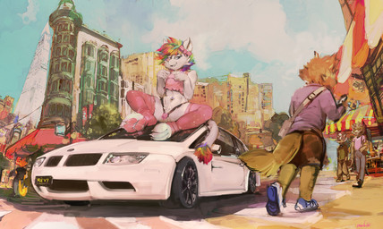 accessory anthro balls blue_eyes blue_sky bottomwear bow_ribbon brown_body brown_bottomwear brown_clothing brown_fur brown_pants brown_shorts building car casual_chastity chastity_cage chastity_device city clothed clothing cloud day duo_focus electronics fur genitals green_clothing green_topwear grey_bottomwear grey_clothing grey_pants group hair hair_accessory hair_bow hair_ribbon holding_object holding_phone legwear looking_at_viewer male male_anthro multicolored_hair narrowed_eyes navel on_car orange_body orange_fur outside pants pawpads phone pink_chastity_cage pink_clothing pink_legwear pink_nose pink_pawpads pink_topwear public public_exposure purple_clothing purple_topwear rainbow_hair ribbons shorts sitting sky smile solid_chastity_cage topwear urban vehicle walking wearing_chastity_cage wearing_chastity_device white_balls white_body white_fur oselotti background_character revy_(revy) felid mammal 2025 absurd_res hi_res signature
